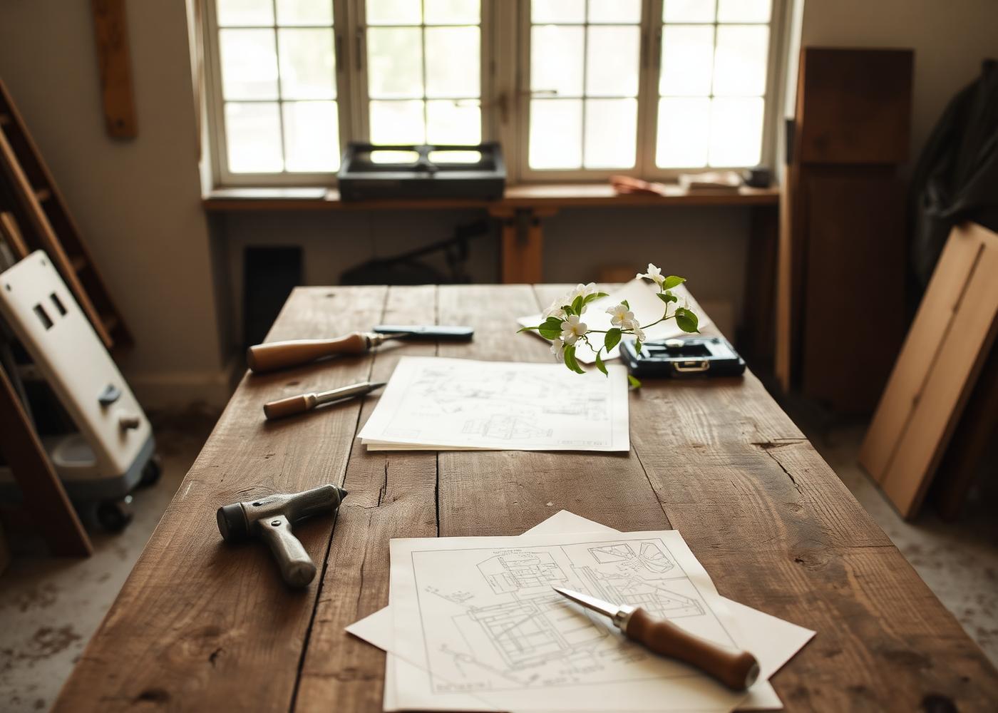 Workshop table with plans and jasmine