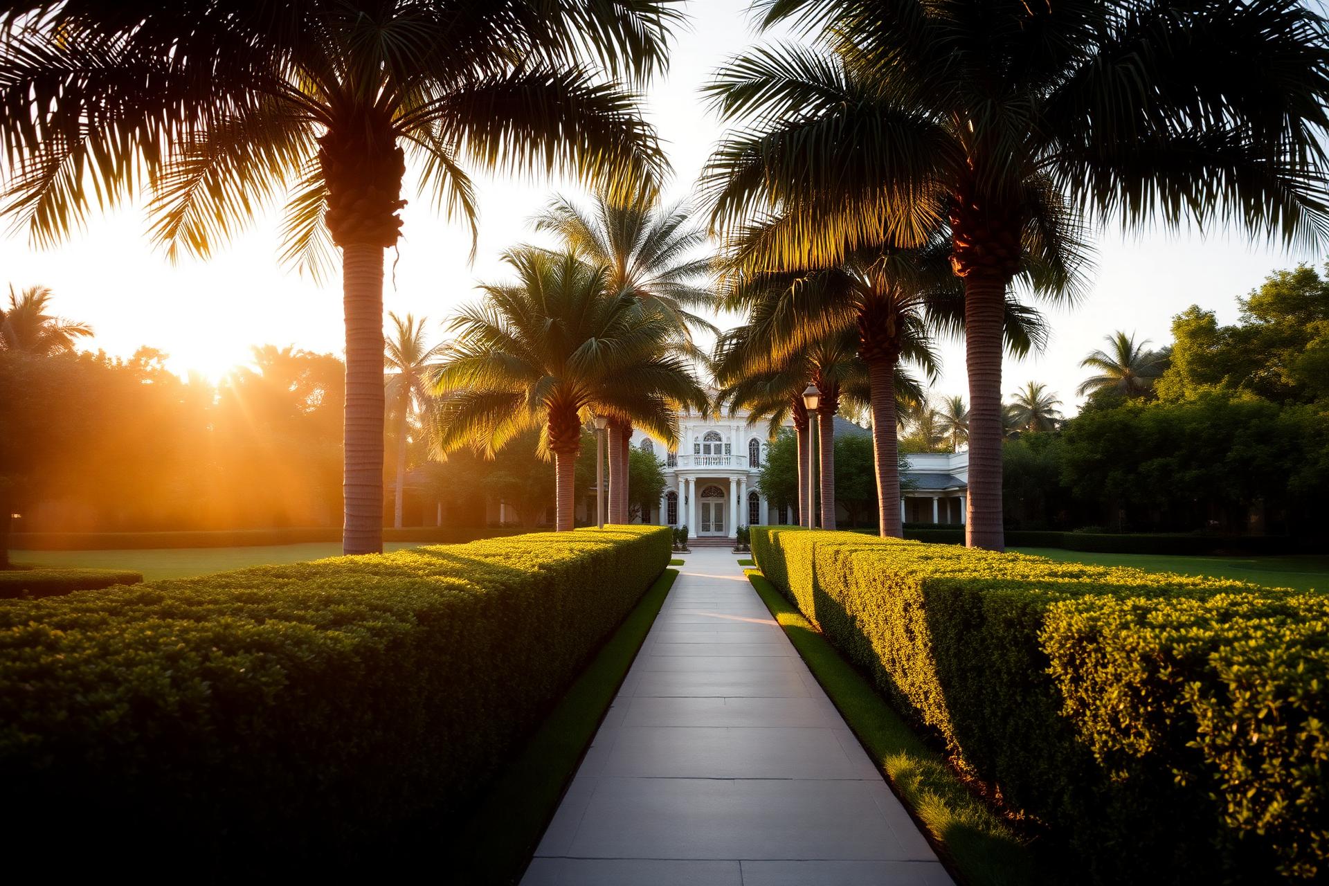 Palm Beach estate landscape at golden hour